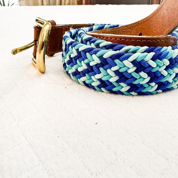 J. Crew Blue Colorful Braided Belt Brass Buckled Leather Tab Size M